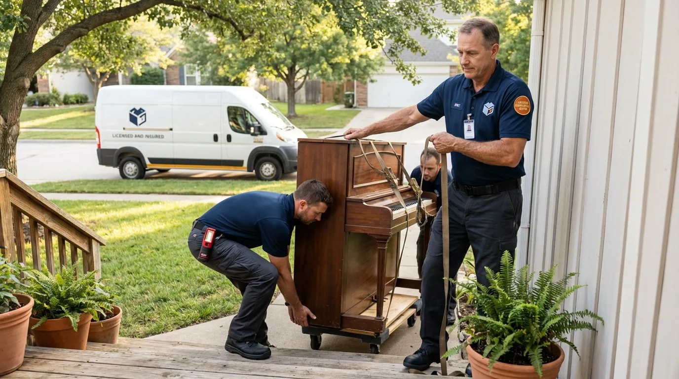 Licensed piano movers securing grand piano in Delta, OH