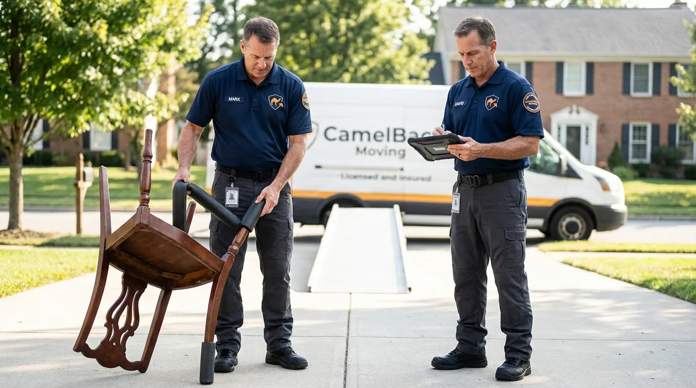 Movers inspecting furniture for damage prevention before loading in Delta, OH