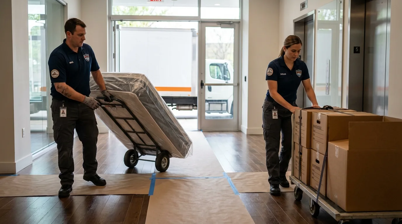 Professional apartment movers loading elevator in Delta, OH